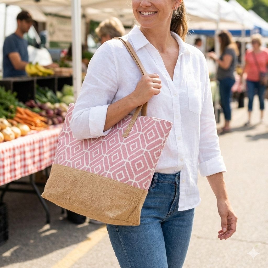 Other Miztique 15x14x6" Tote Bag Cotton Burlap Double Handle Pink Size ONE SIZE - 5 Thumbnail