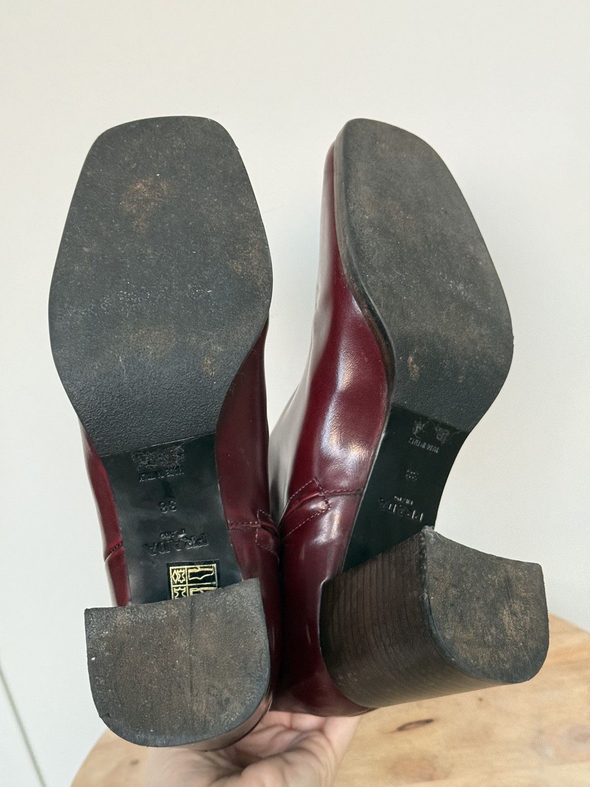 Prada × Vintage Prada Burgundy Leather Ankle Boots Squared Heels Size US 7 / IT 37 - 9 Thumbnail