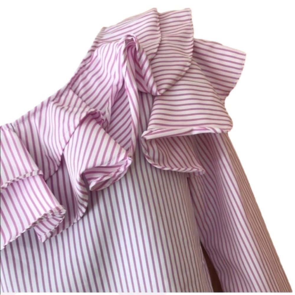 The Unbranded Brand Double Ruffle pink white Striped One Shoulder Blouse large Size L / US 10 / IT 46 - 3 Thumbnail