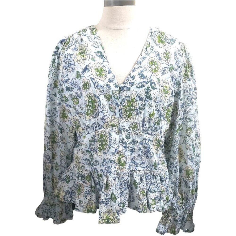 7 For All Mankind CT1744 7 For All Mankind Embroidered Poplin Sleeve Top L Size L / US 10 / IT 46 - 1 Thumbnail