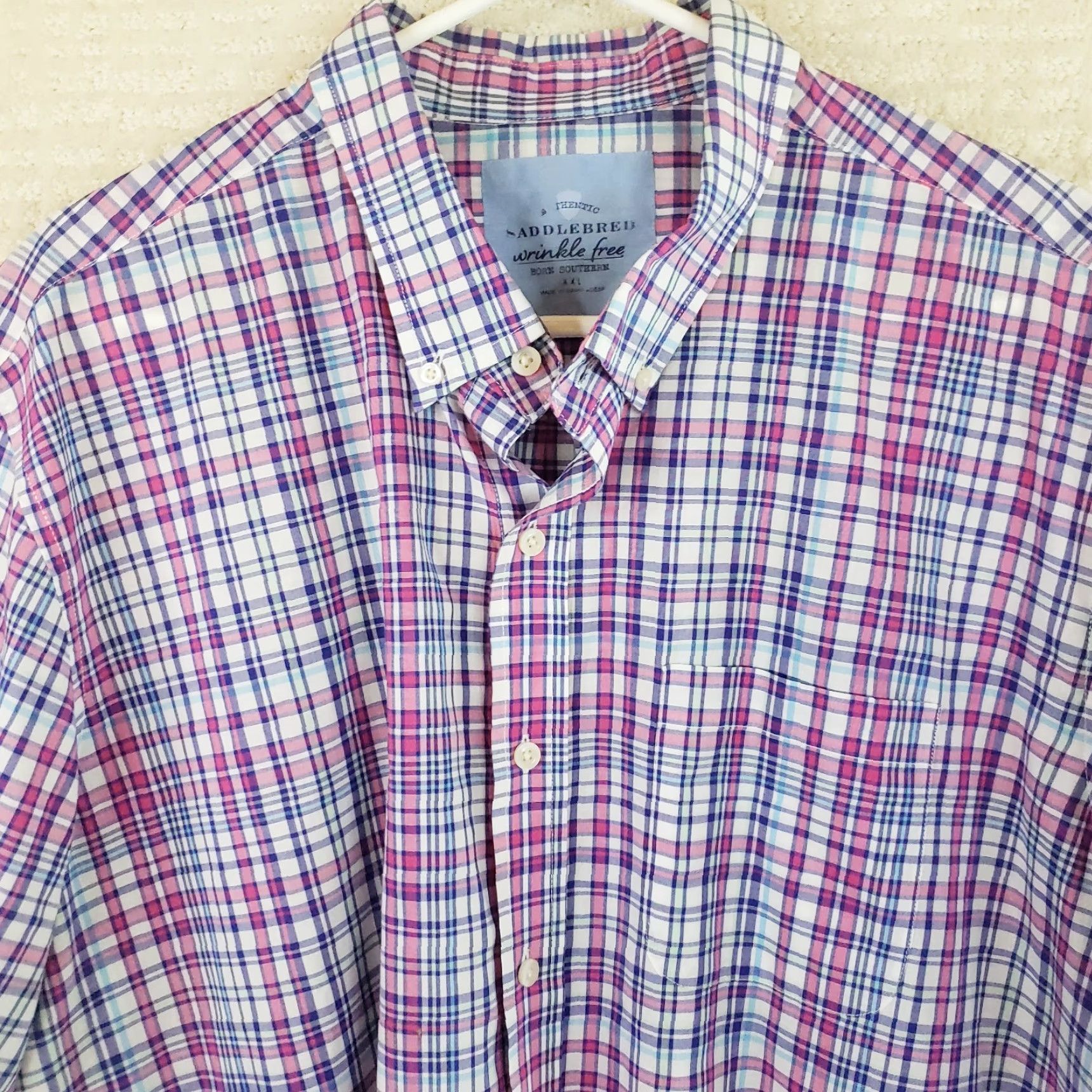 Born Saddlebred Shirt Mens XXL Pink Blue Plaid Regular Short Sleeve Button-Up Wrinkle Free Size US XL / EU 56 / 4 - 3 Thumbnail