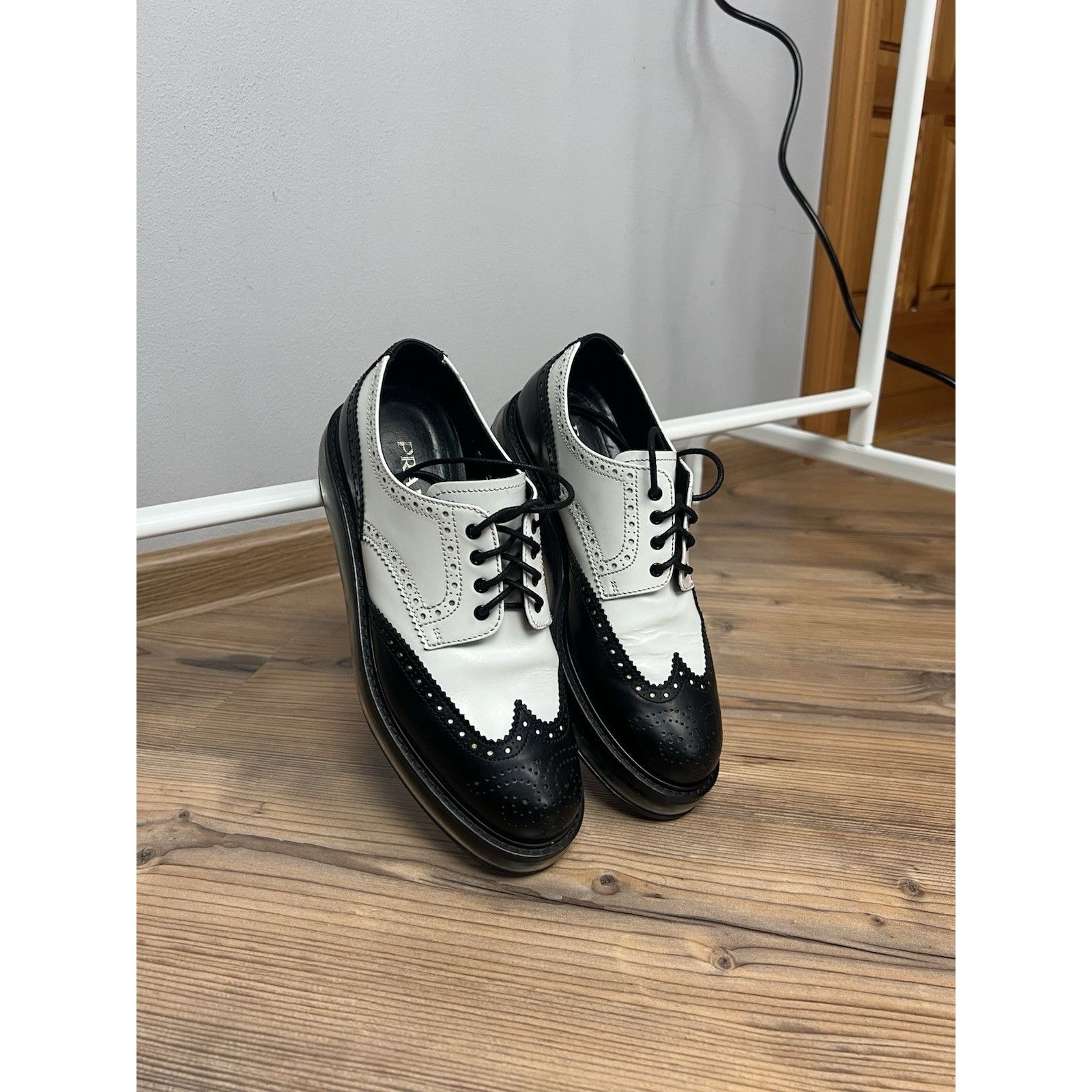 Prada PRADA Milano Women`s Black White Leather Derby Brogues Size Size US 8 / IT 38 - 4 Thumbnail