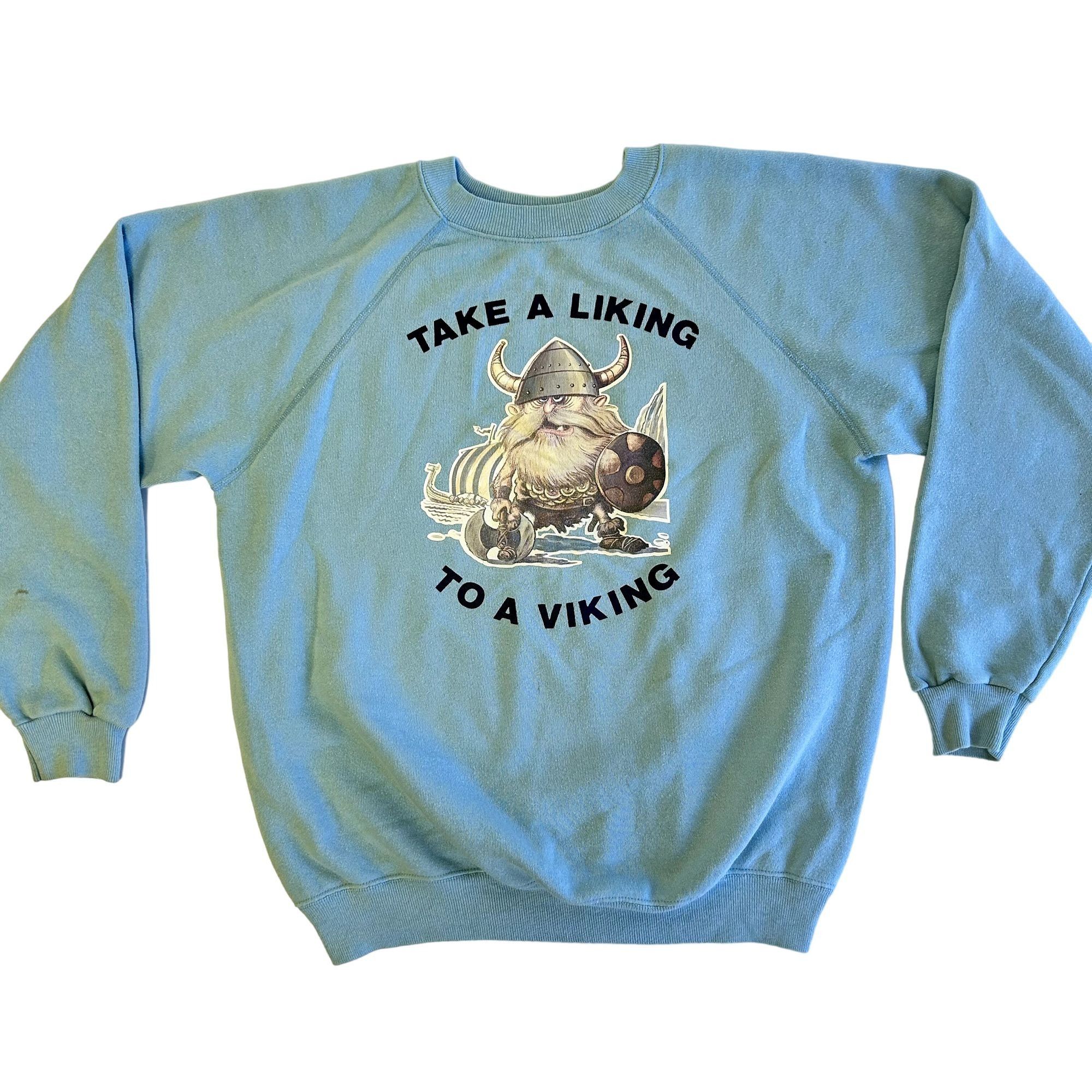 image of Hanes 80's Blue Sweatshirt Take A Liking To A Viking 50/50 Raglan, Men's (Size Large)