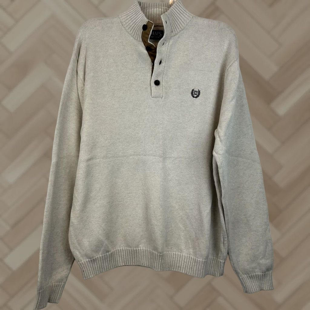 Chaps Chaps Sweater Mens L Ivory Quarter Button Knit Cotton Brown Elbow Patch Read Size US L / EU 52-54 / 3 - 1 Thumbnail