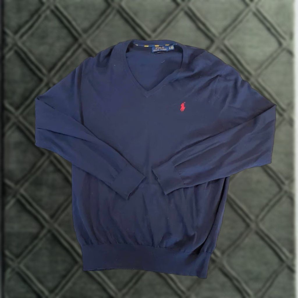 Ralph Lauren VINTAGE Polo Ralph Lauren Sweater Shirt Men L Navy V-Neck 100% Pima Cotton Pullover Regular Fit Size US L / EU 52-54 / 3 - 1 Thumbnail