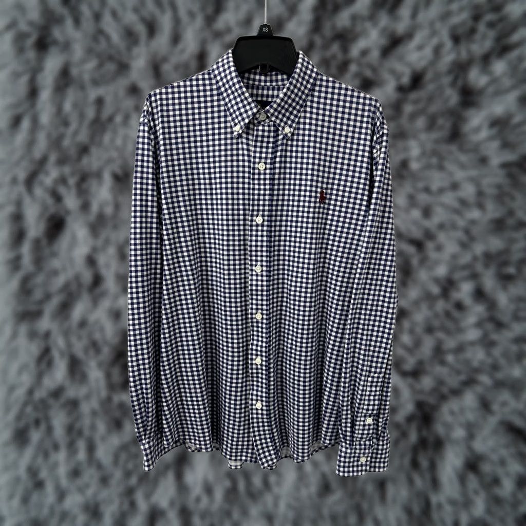 Ralph Lauren Ralph Lauren Knit Dress Shirt Mens L Blue Plaid Button-Down L/S Cotton Knit 28" 25" Pit to Pit Size 42R - 1 Thumbnail