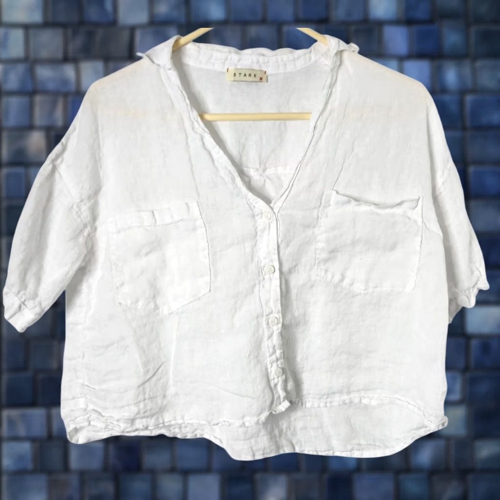 Vintage Stark Womens M Linen Top Short Sleeve Shirt Button Up White Pockets Blouse Size M / US 6-8 / IT 42-44 - 1 Thumbnail