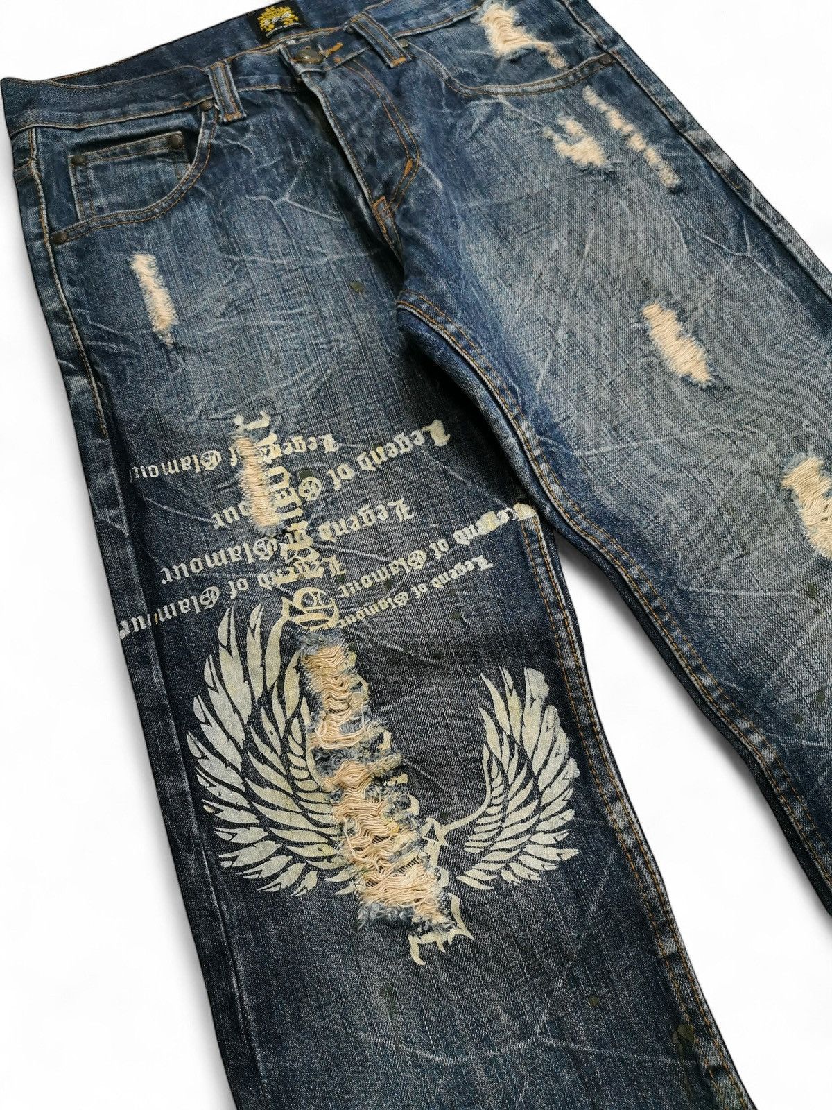 Hysteric Glamour Legend of Glamour Distressed Wings Print Denim Jeans Y2K Size US 30 / EU 46 - 9 Thumbnail