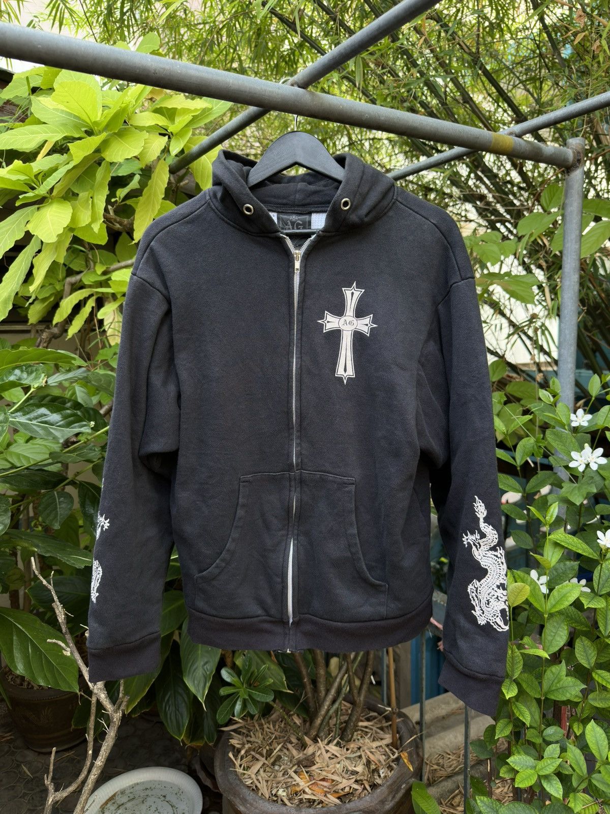 1990s A&G Rock Crosses & Dragons Thermal Zip-Up Hoodie