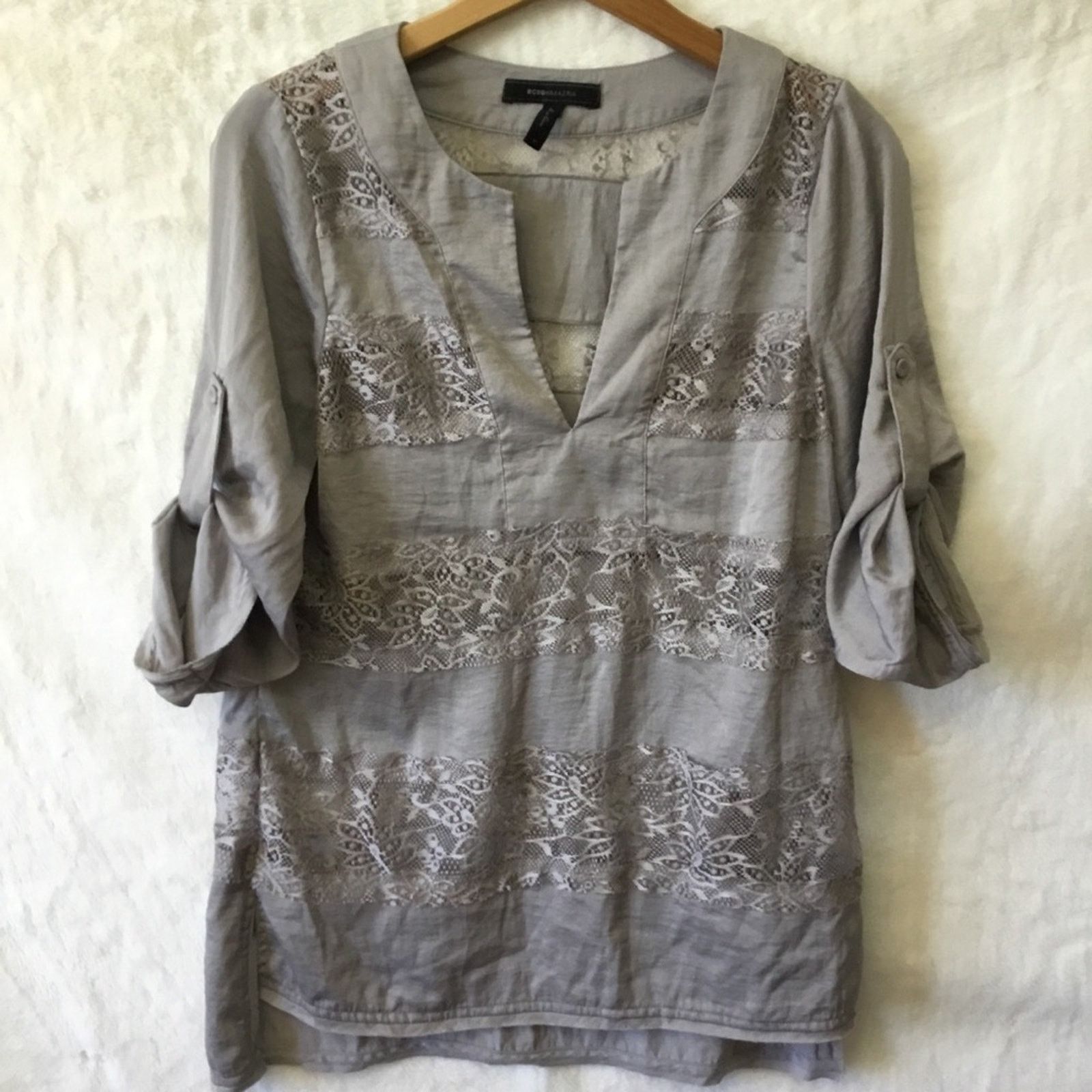Bcbgmaxazria BCBGMaxAzria Light Gray Lace-Trim Tunic Top Size S / US 4 / IT 40 - 1 Thumbnail