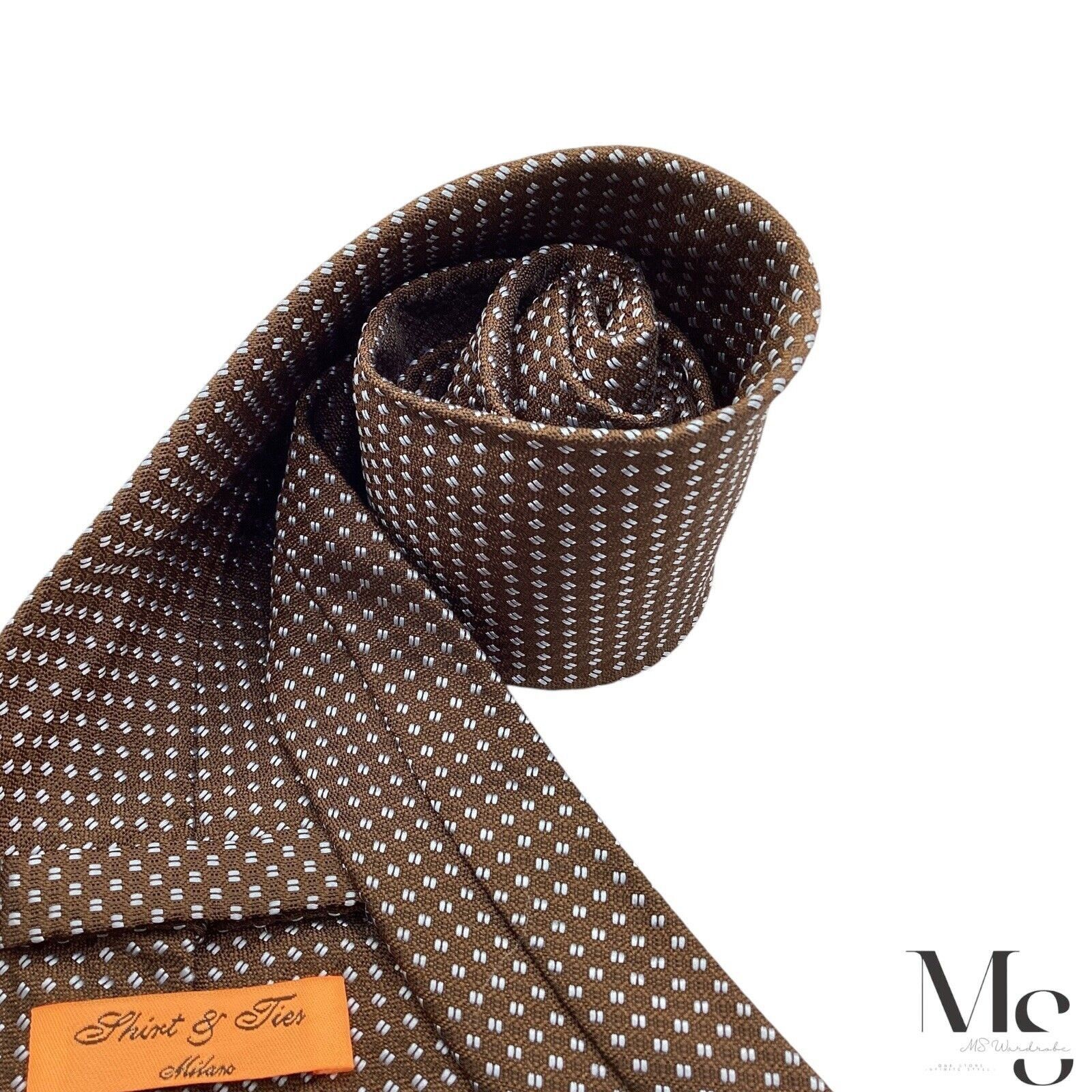 Designer SHIRT & TIES Brown Geometric Luxury Silk Tie Made In Italy Size ONE SIZE - 4 Thumbnail