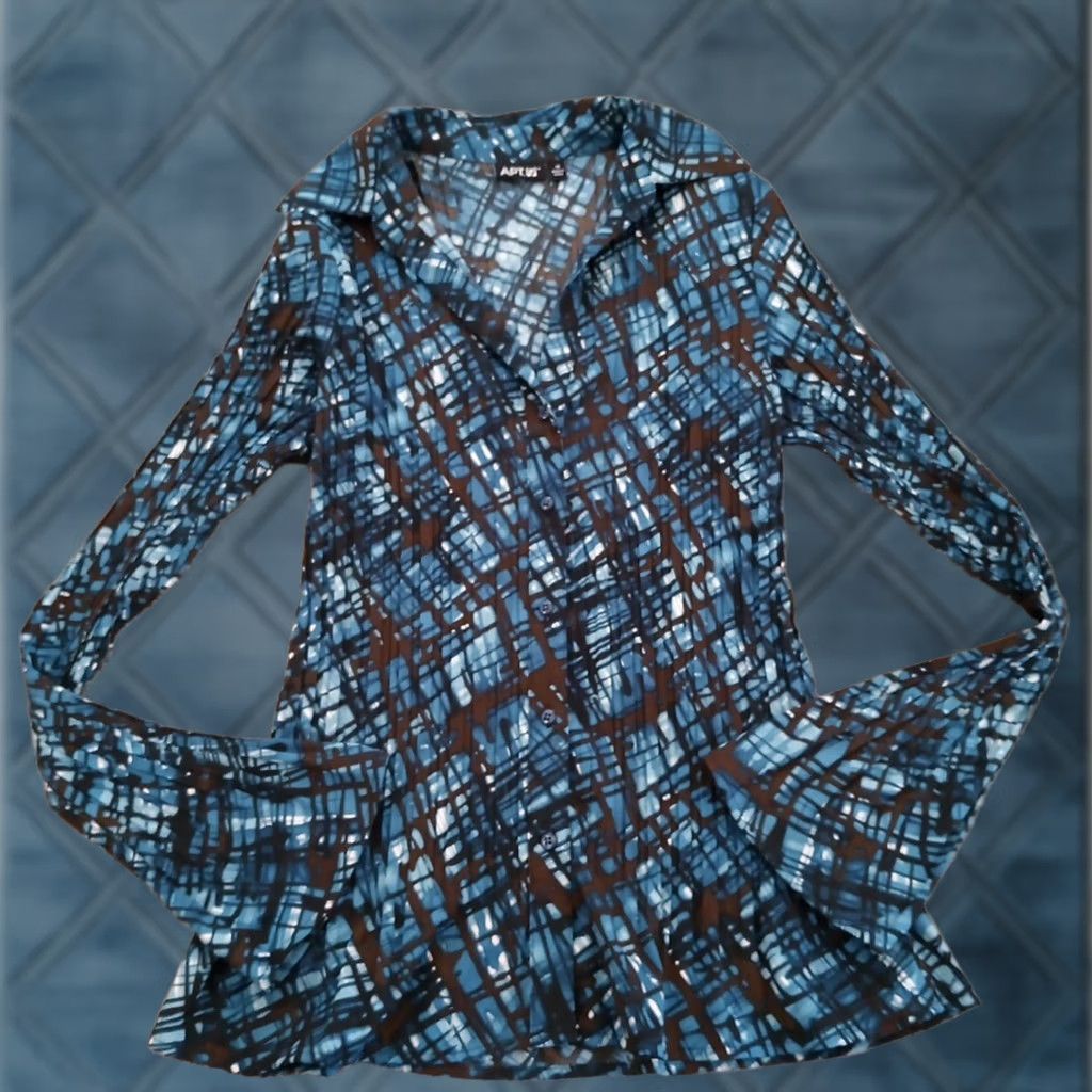 Apt. 9 Apt. 9 Womens Medium Blue Brown Geometric Long Sleeve Bell Cuff Button Up Shirt Size M / US 6-8 / IT 42-44 - 1 Thumbnail