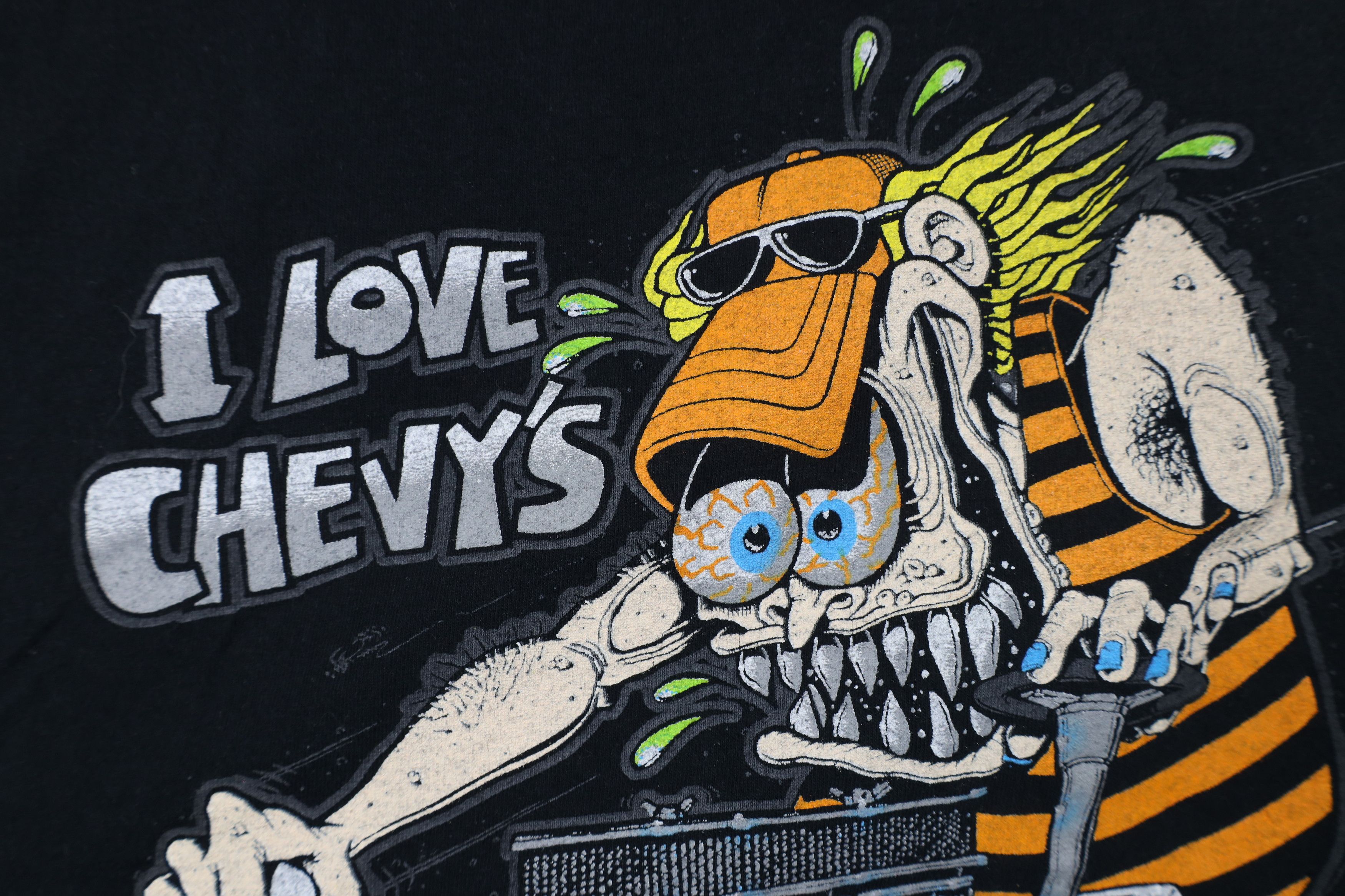 Vintage Retro Y2K Rat Fink Spell Out I Love Chevys Car T-Shirt Black Size US XL / EU 56 / 4 - 8 Thumbnail