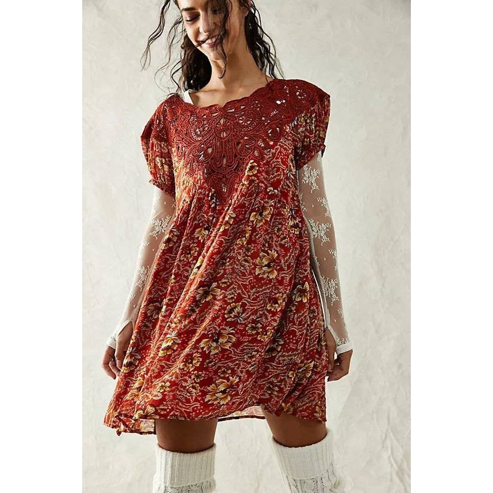 Free People NWT Free People Margot Printed Dress $168 X-SMALL Terracotta Size XS / US 0-2 / IT 36-38 - 2 Thumbnail