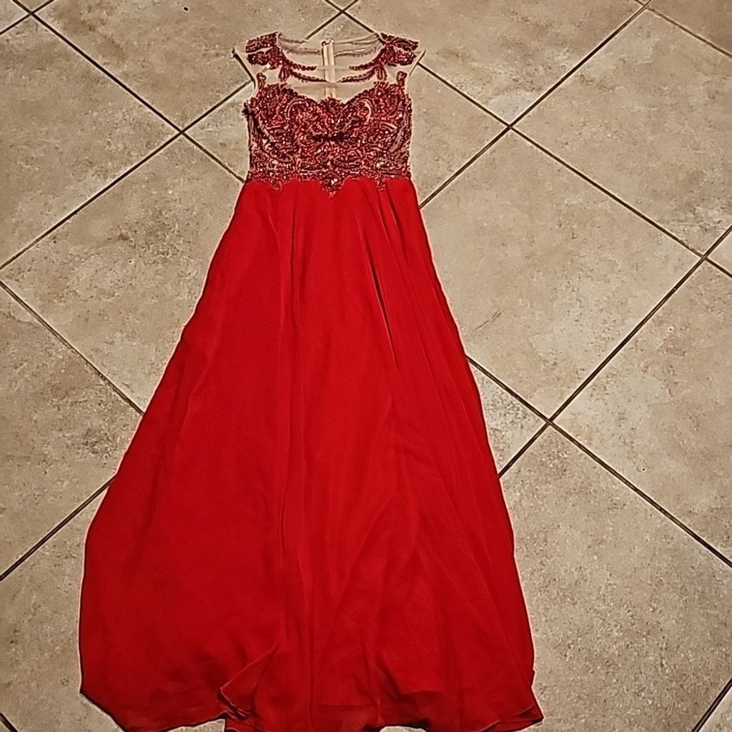 The Unbranded Brand Jovani embellished beaded illusion chiffon red gown dress 0 Size XS / US 0-2 / IT 36-38 - 3 Thumbnail