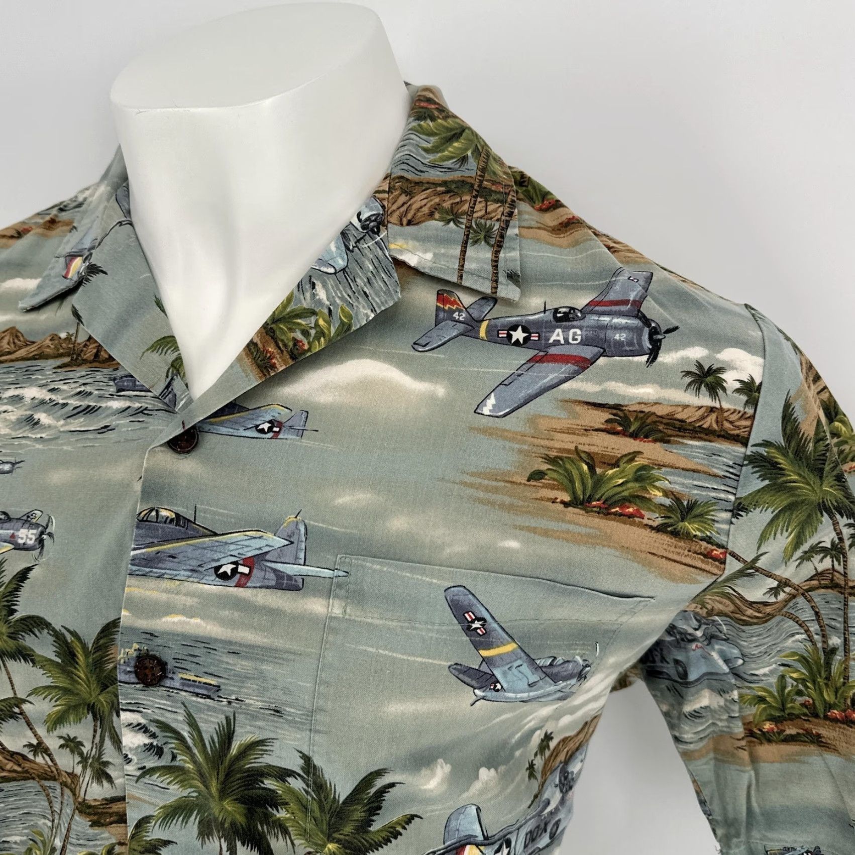 ALOHAS RJC Shirt XL Mens Blue Hawaiian Aloha Warplane Print Made Hawaii USA Size US XL / EU 56 / 4 - 2 Thumbnail