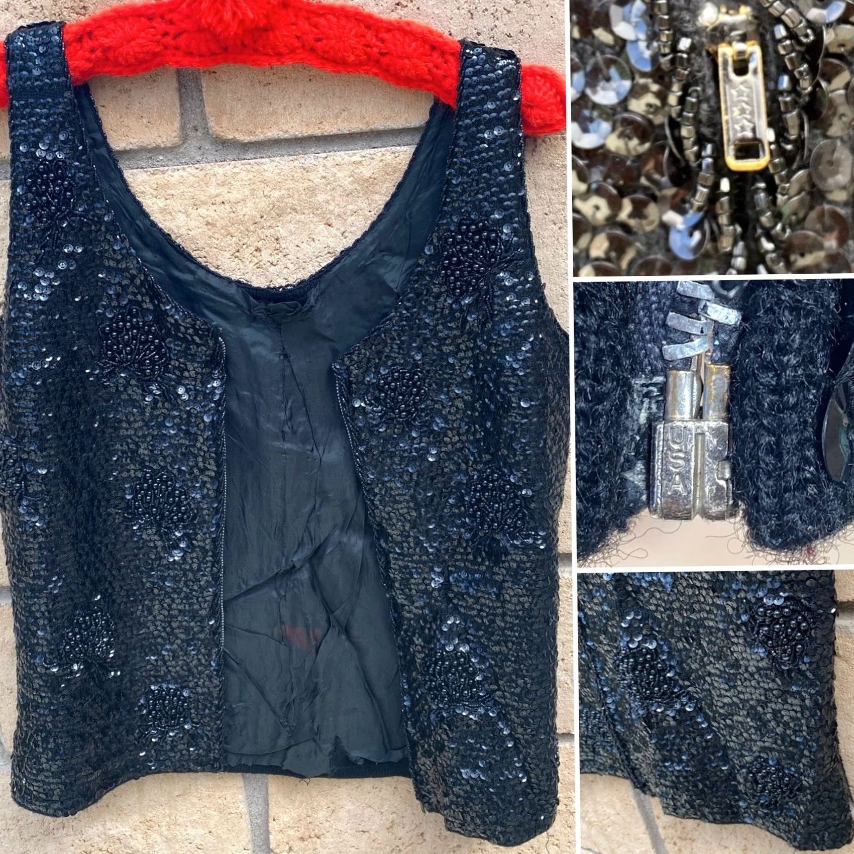 Vintage VTG 50s 60s Black Sequin Beaded Wool Top Hong Kong Metal Zip Pinup Glam Shirt S Womens Size S / US 4 / IT 40 - 7 Thumbnail