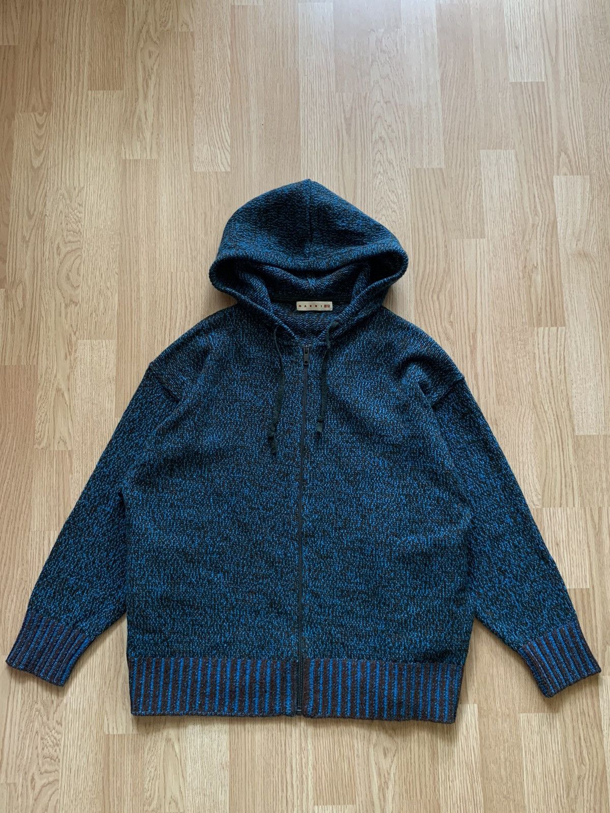 image of Marni Knitted Zip Oversized Hoodie Sweater Mix Colour Yarn in Blue, Men's (Size Large)