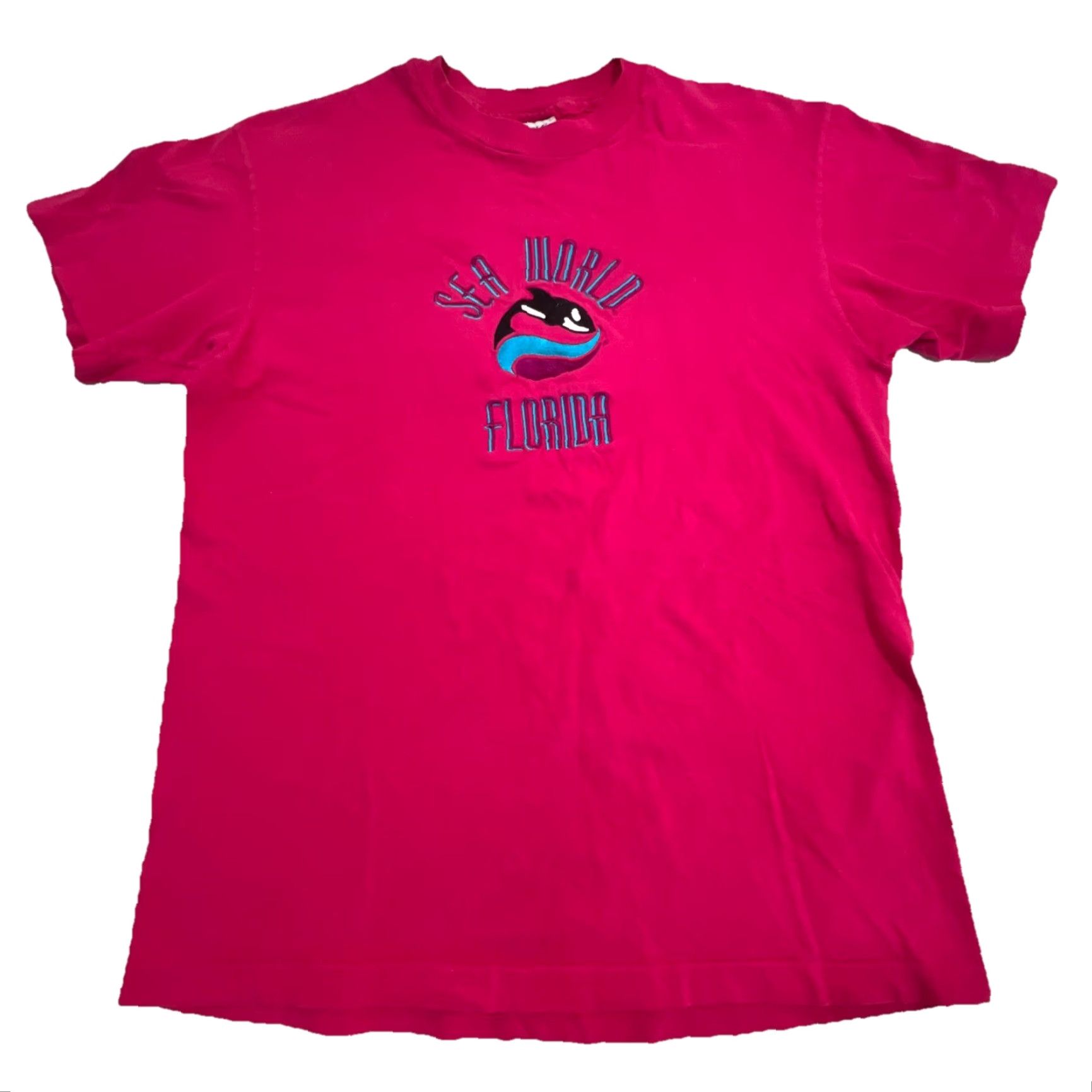 Hanes VINTAGE 80s Sea World T Shirt Orca Embroidered Hot Pink Hanes Men's M Size US M / EU 48-50 / 2 - 2 Thumbnail