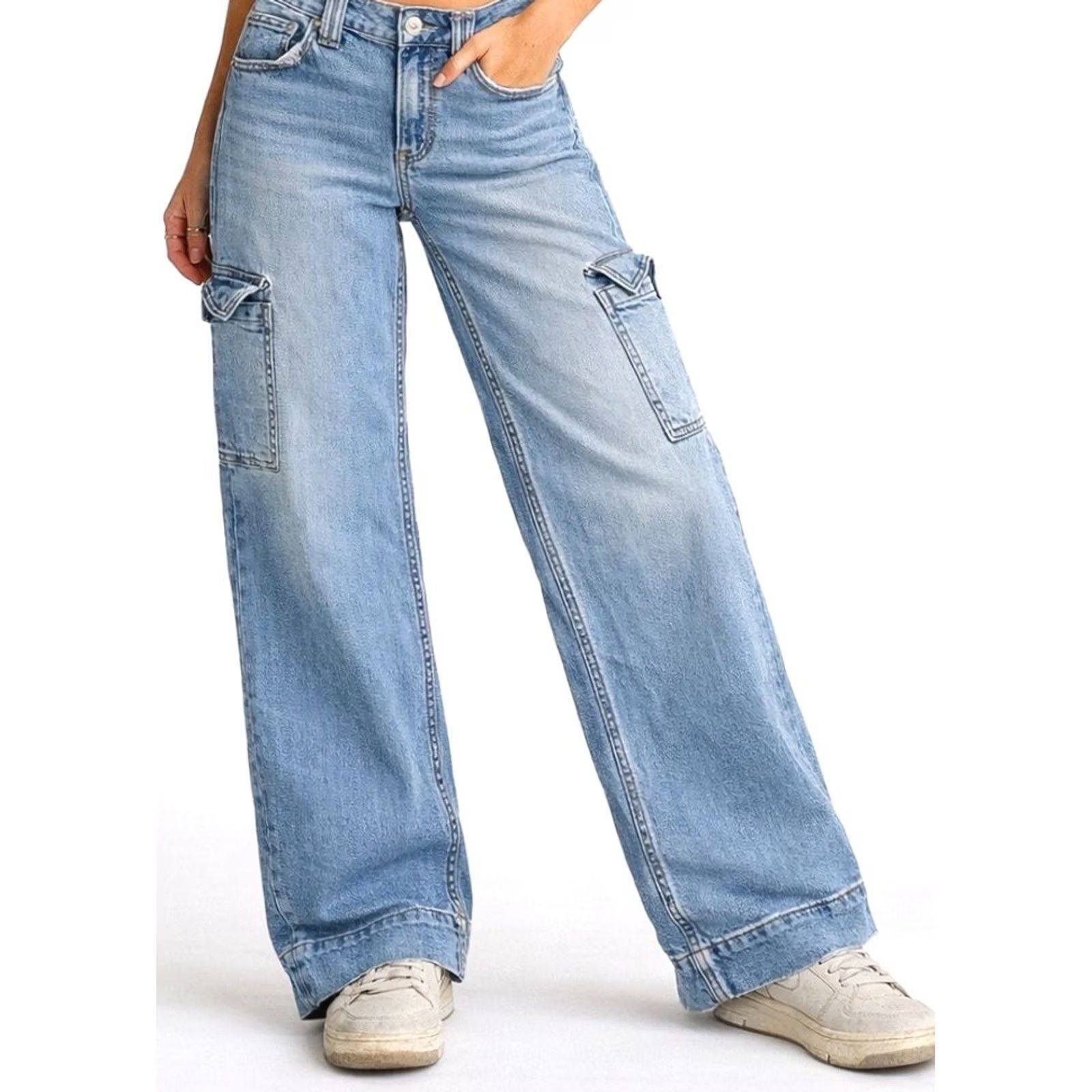 American Eagle Outfitters VINTAGE American Eagle Outfitters Y2K Wide Leg Cargo Jeans Womens 2 Light Wash Carpenter Baggy Size 42" / US 20 - 2 Thumbnail