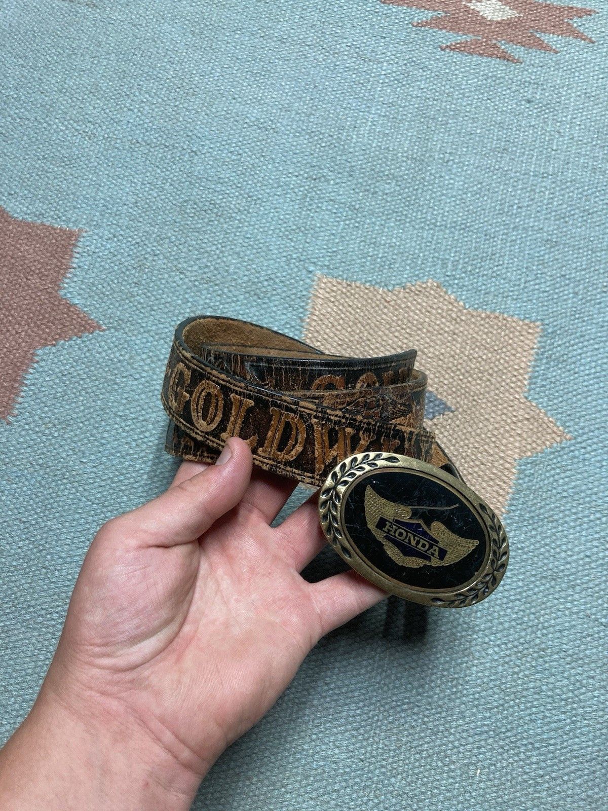 Vintage Honda gold wing leather belt heritage buckle brass patina Size 34 - 1 Thumbnail
