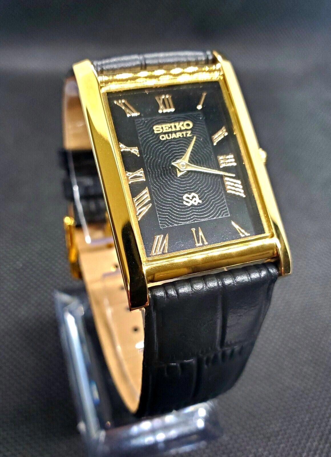 image of Vintage Seiko New Movt & Batt Mens Tank Gold Black Watch