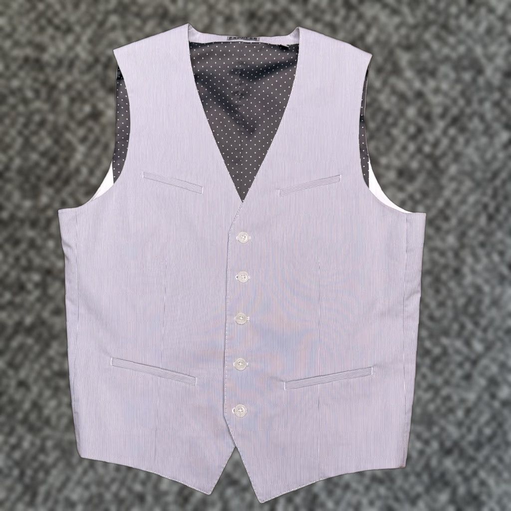 Express Express Vest Mens Medium White Gray Striped Jacket Front Button Five-Button Single-Breasted Suit Vest Cotton Blend Rayon Vintage No Size US M / EU 48-50 / 2 - 1 Thumbnail