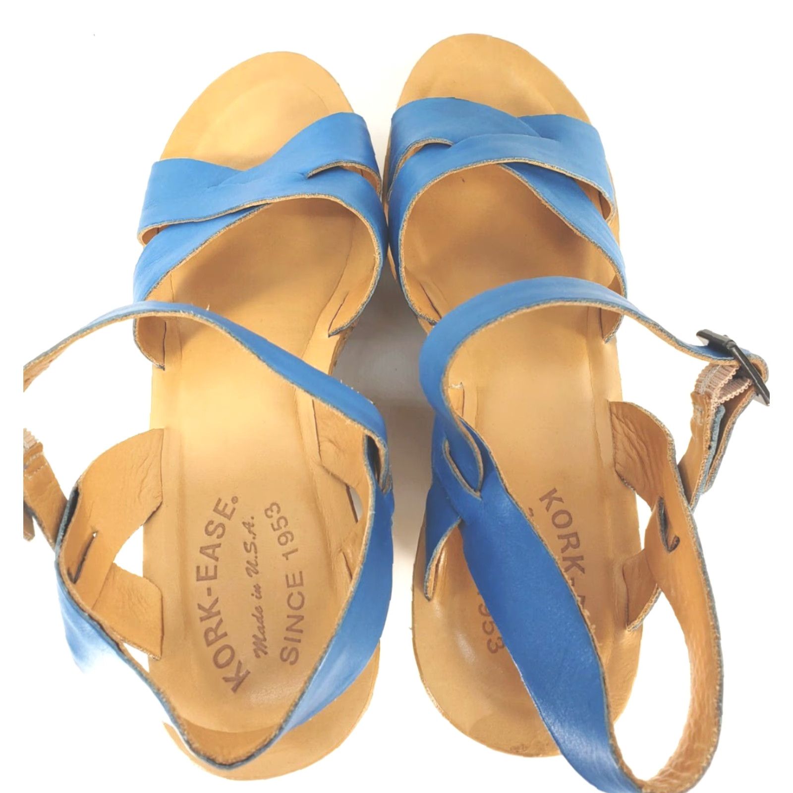 Vintage Kork-Ease Sandal Women's 9 Leather Crossover Slingback Cork Wedge Blue Buckle Sl ним Size US 9 / IT 39 - 7 Thumbnail