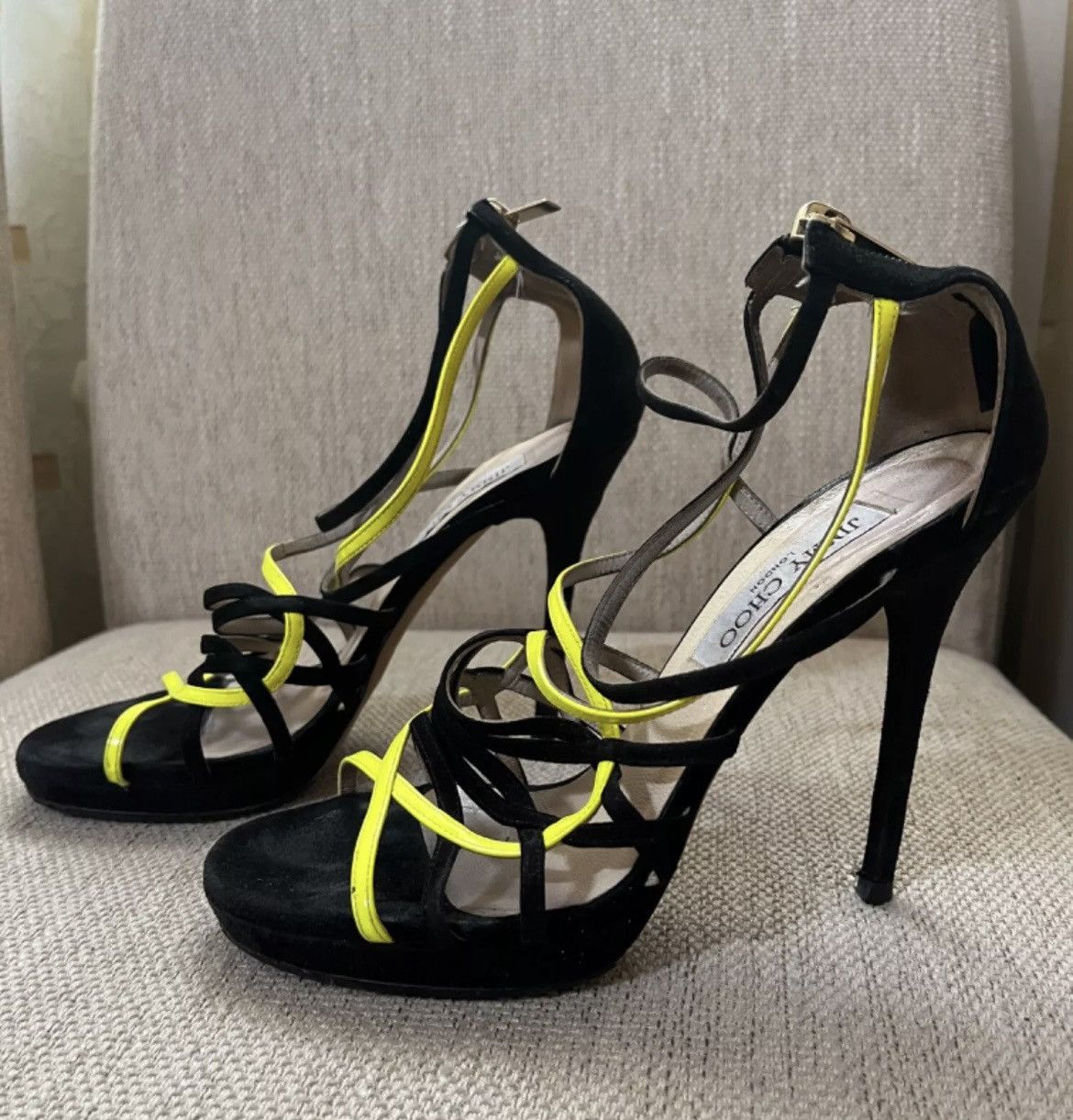 Jimmy Choo Jimmy Choo Strappy Heels Black Yellow Sandals Size US 7.5 / IT 37.5 - 9 Thumbnail