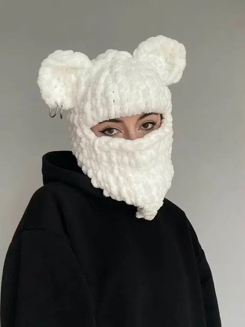 Handmade Dear Balaclava . Knitted ski mask with ears. White face mask Size ONE SIZE - 4 Thumbnail