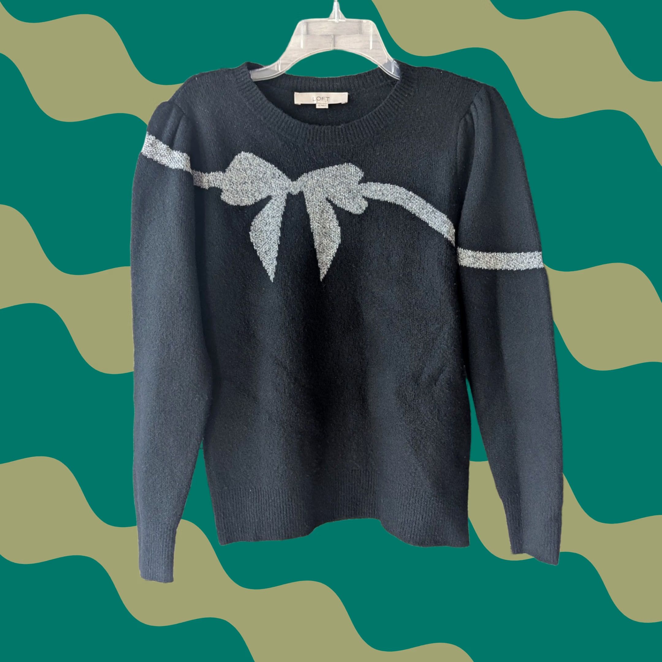 Loft LOFT Womens Black Metallic Silver Bow Puff Sleeve Knit Sweater S Holiday Size S / US 4 / IT 40 - 1 Thumbnail