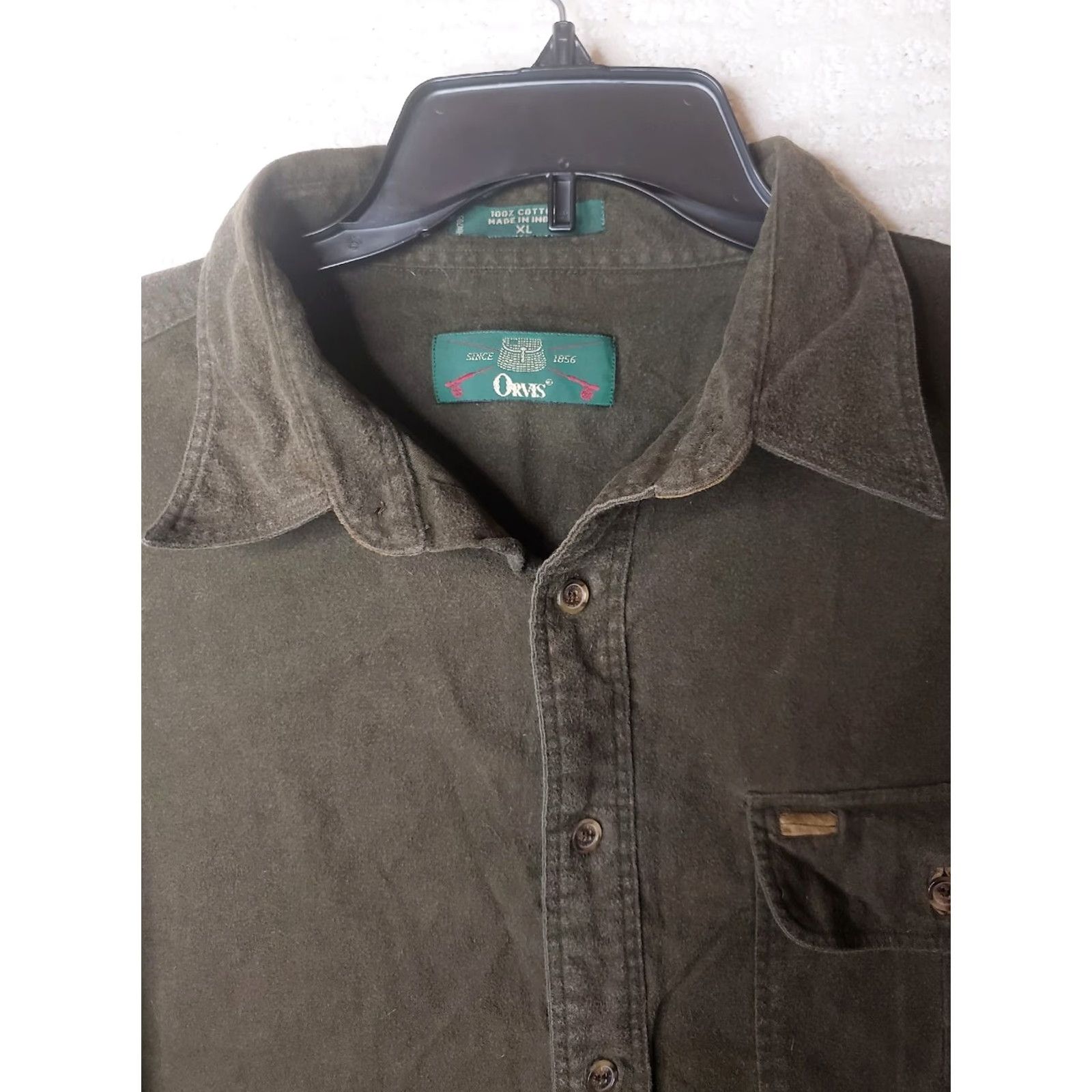 Orvis VINTAGE Orvis Chamois Shirt Mens XL Brown Cotton Thick Heavy Button Up 90s Suede Pocket Trim Olive Brown External Description Size US XL / EU 56 / 4 - 4 Thumbnail