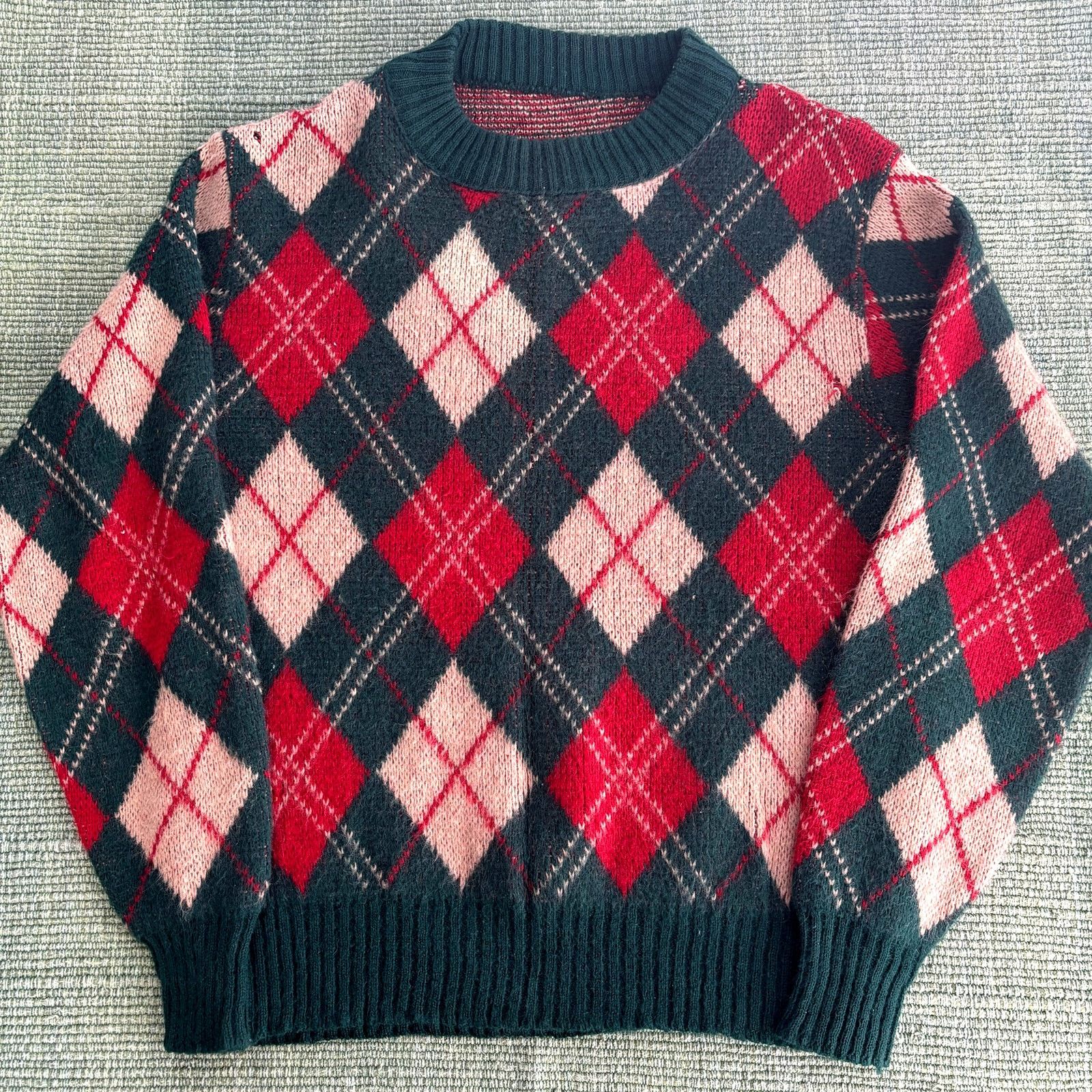 Vintage Vintage fuzzy argyle green and red sweater size mens large Size US L / EU 52-54 / 3 - 1 Thumbnail