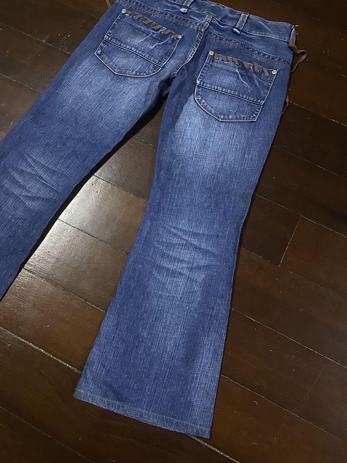 If Six Was Nine × Le Grande Bleu (L.G.B.) × Tornado Mart Flare Jeans Back Number Distress Faded Denim Bootcut Y2k Size 33" - 13 Thumbnail