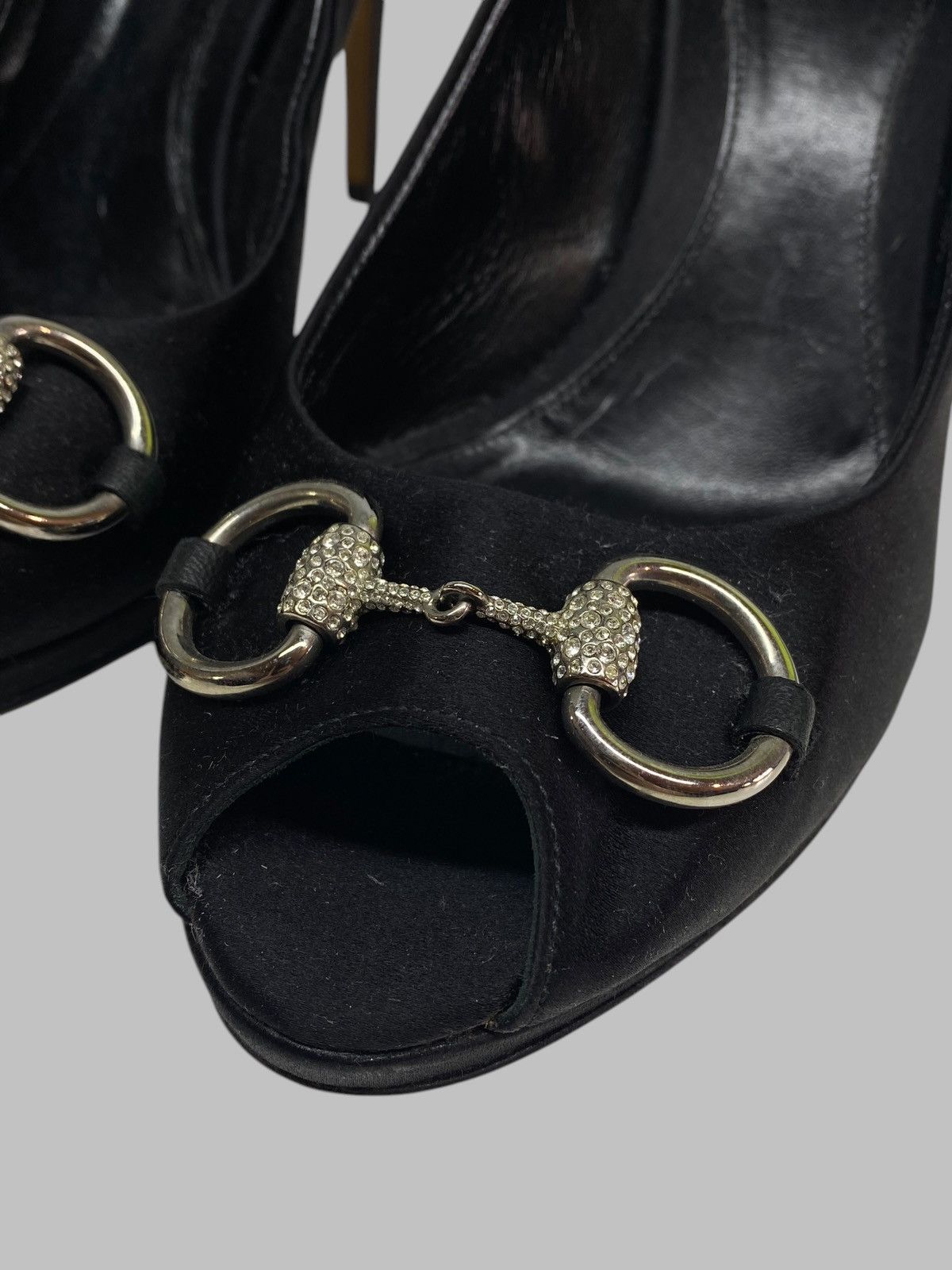Gucci Gucci Black Satin Rhinestones Embellished Peep Toe Heels Size US 10 / IT 40 - 8 Thumbnail