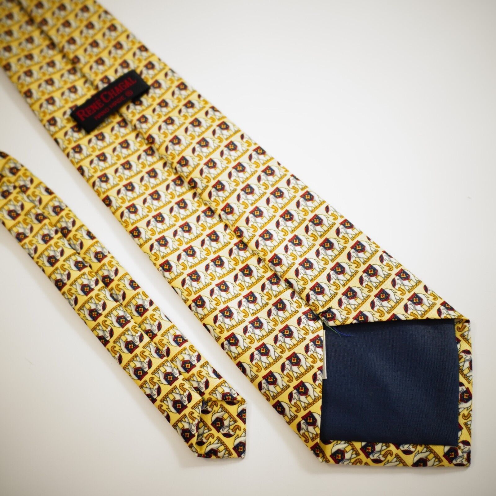 Vintage Rene Chagal Handmade Elephant Print Yelow Wide Silk Tie Size ONE SIZE - 4 Thumbnail
