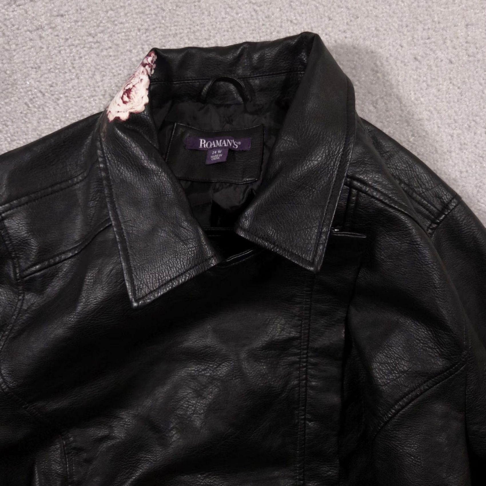 Vintage VINTAGE Roamans Jacket Womens 24W Black Faux Leather Floral Rose Moto Zip Plus Size Size 4XL / US 24-26 - 3 Thumbnail