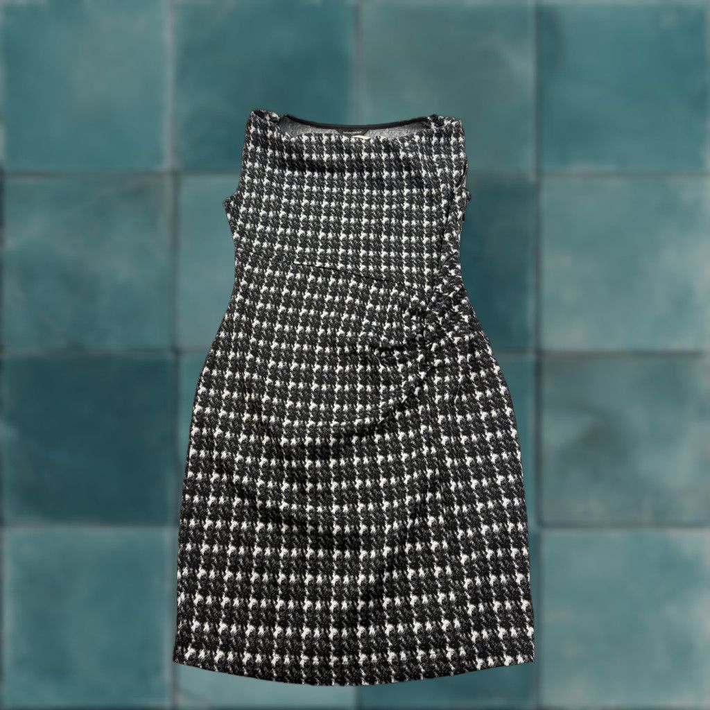 Banana Republic Dress Womens PS Petite Black Houndstooth Knit Sheath Work Sleeveless Round Neck Knee Length