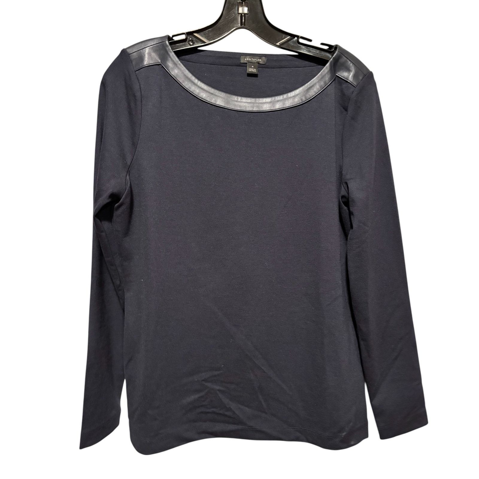 Ann Taylor Ann Taylor Navy Blue Black pLeather Trim Long Sleeve Top Size M / US 6-8 / IT 42-44 - 1 Thumbnail
