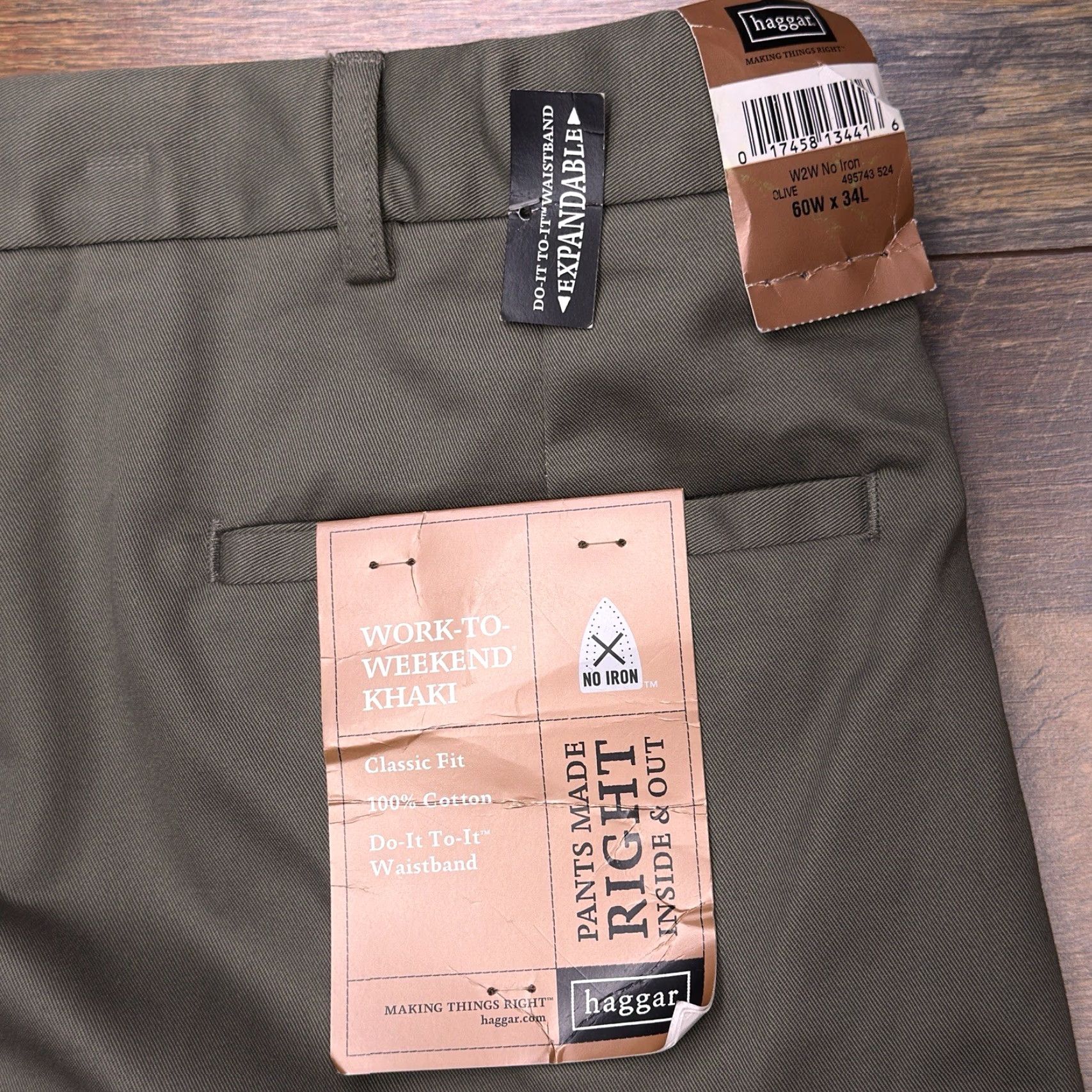 Haggar Haggar Pants Khaki Classic Fit Big & Tall 60x34 Olive Green Cotton Twill No Iron W2W Work To Weekend Straight Leg Mens Size US 44 / EU 60 - 7 Thumbnail