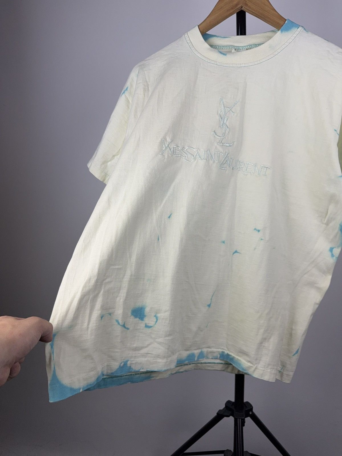 Vintage 90s Y2K Style Tee Bleach Dyed Mint Shirt YSL-Inspired Logo Size US M / EU 48-50 / 2 - 6 Thumbnail