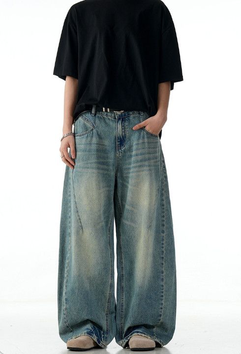 Vintage Retro blue men's loose washed distressed scimitar jeans Size US 32 / EU 48 - 1 Thumbnail