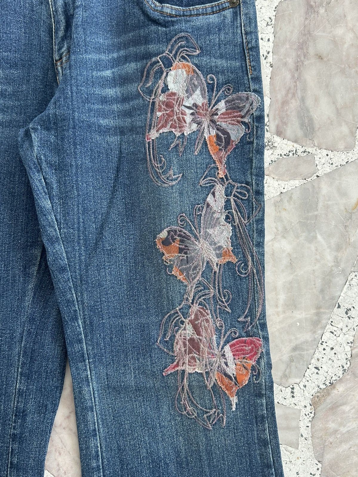 Japanese Brand Playchess Japan Flare Denim Floral Embroidered Vintage Jeans Size 29" - 5 Thumbnail