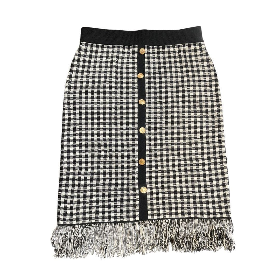 Nanette Lepore Black & White Gingham Fringe Hem Midi Skirt Size Medium NWT Size 30" / US 8 / IT 44 - 1 Thumbnail
