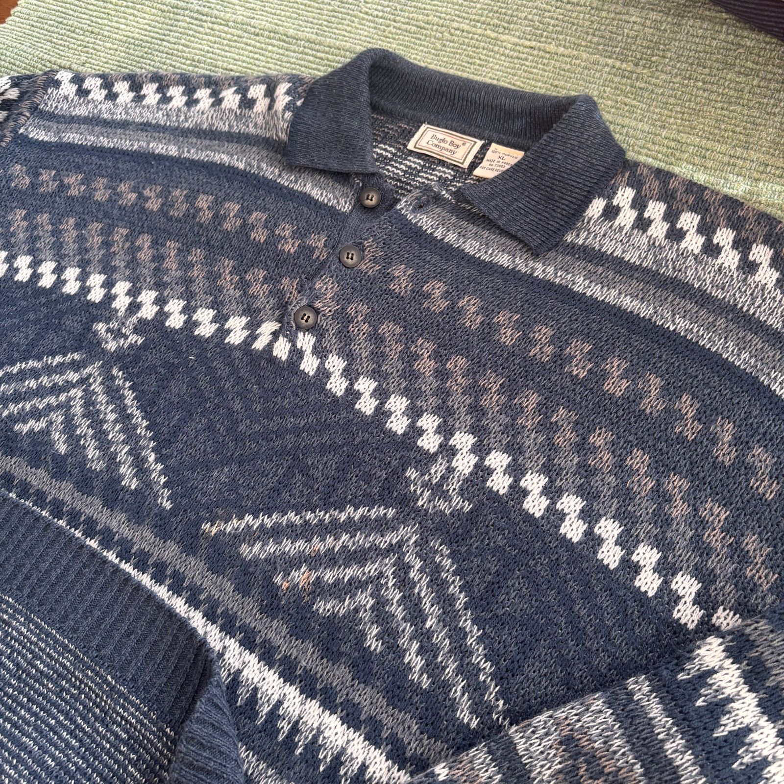 Bugle Boy × Vintage Vintage 90s Bugle Boy patterned acrylic collared sweater XL Size US XL / EU 56 / 4 - 7 Thumbnail