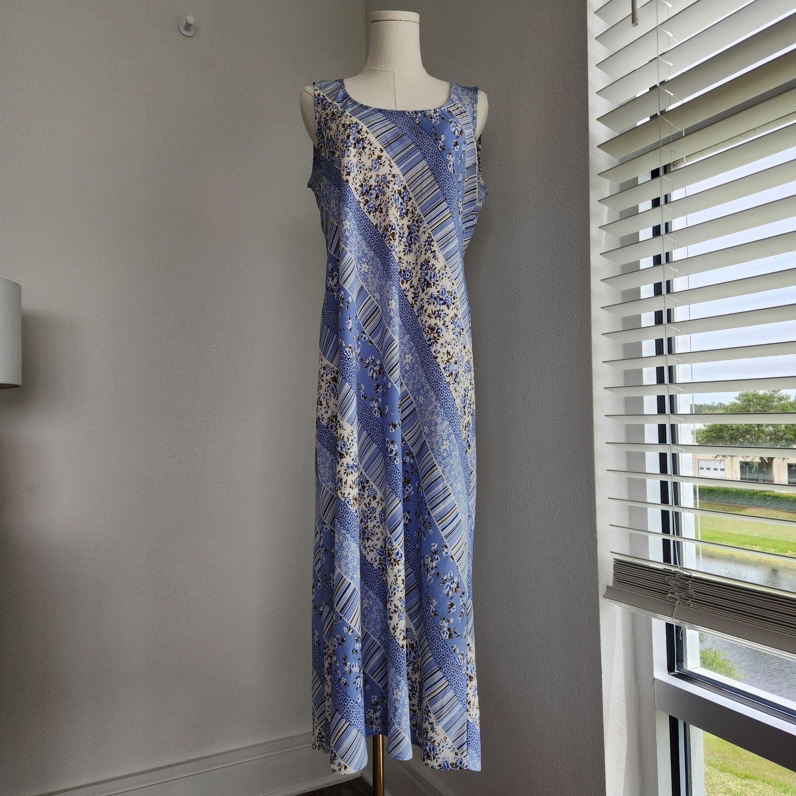 Vintage Vintage Blue Floral Striped Sheath Sleeveless Maxi Dress M Size M / US 6-8 / IT 42-44 - 11 Thumbnail