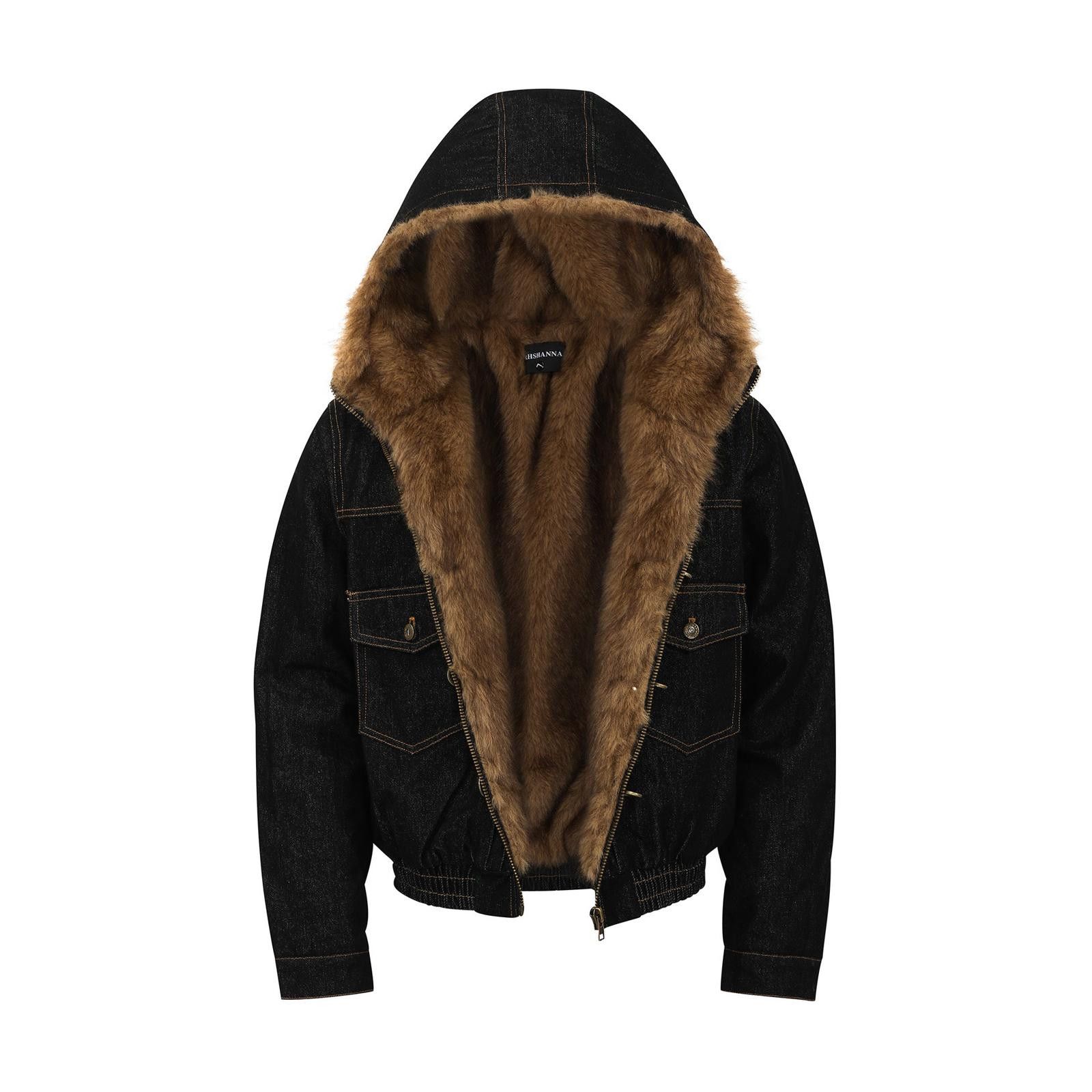Fur-Lined Hooded Fireman Clasp Denim Bomber Jacket