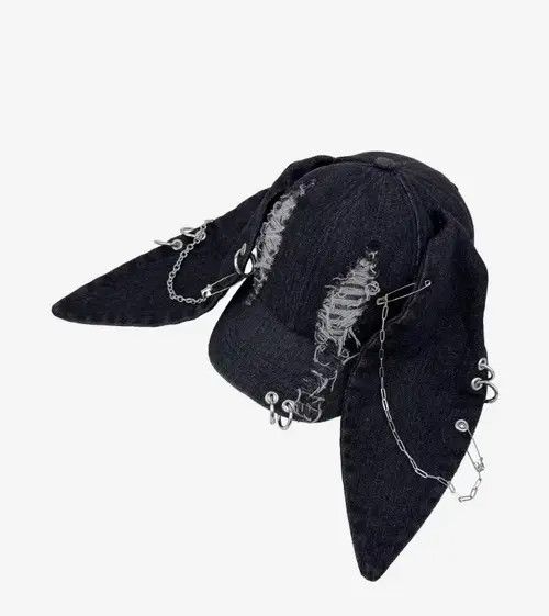 VIBE Avant garde chunky bunny rabbit ear distressed raw denim cap Size ONE SIZE - 3 Thumbnail