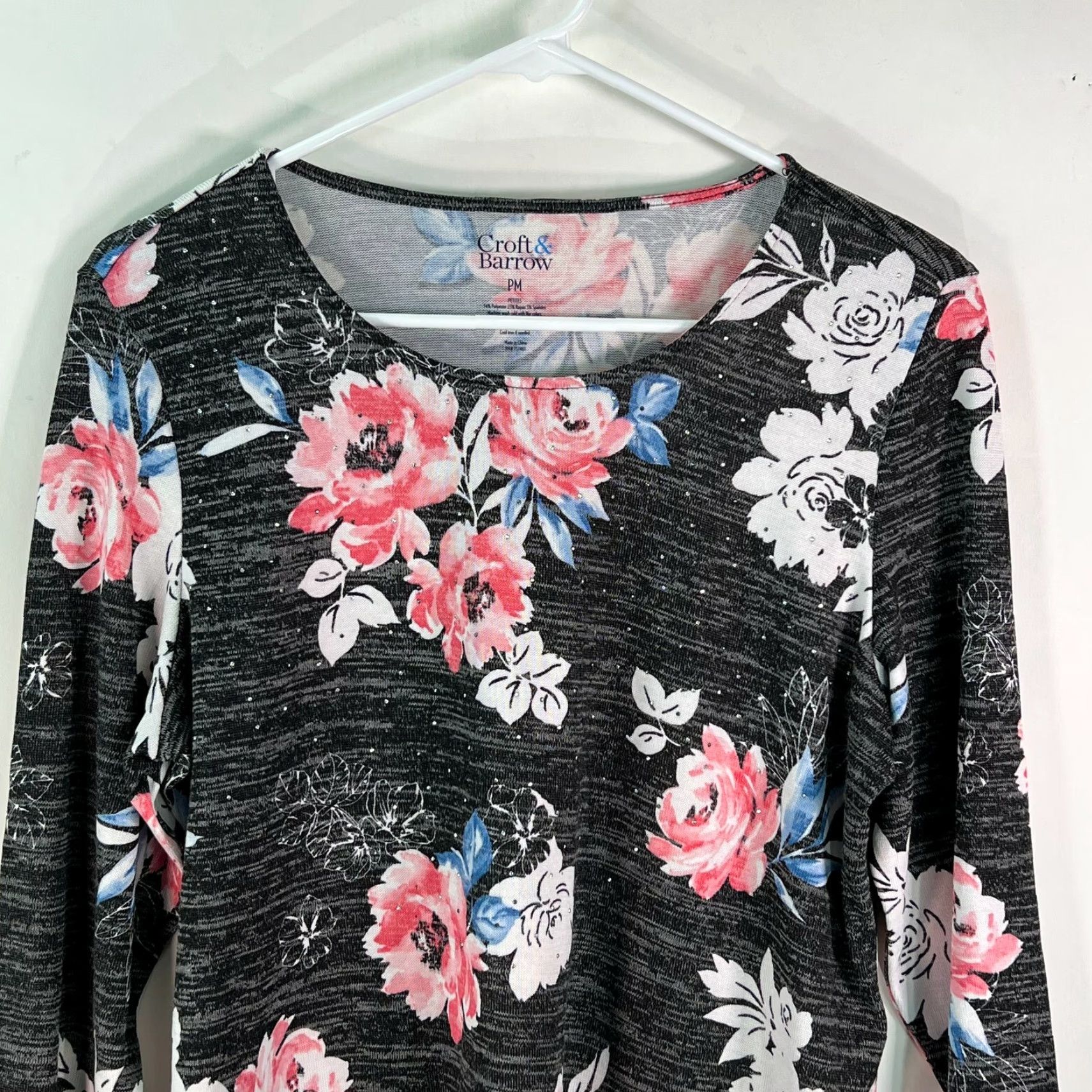 Croft & Barrow Croft & Barrow Womens Blouse 3/4 Sleeves Floral Pullover Black Snit Size PM Size M / US 6-8 / IT 42-44 - 3 Thumbnail