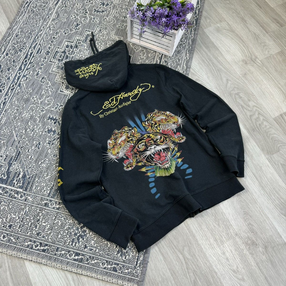 image of Christian Audigier x Ed Hardy Vintage Ed Hardy Y2K Eternal Love Faded Tatoo Zip Hoodie in Black, Wo